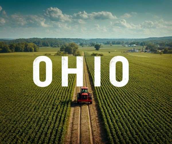 the word "OHIO" superimposed over a high view of a red tractor driving through a green field