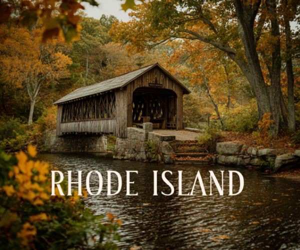 the words "RHODE ISLAND" superimposed over a forest view of a covered bridge over a stream