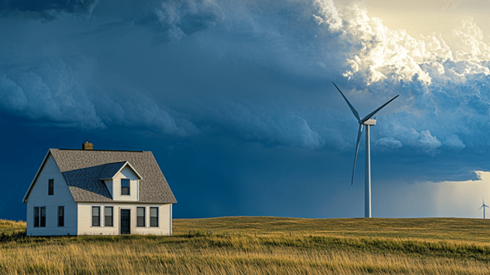 A house and wind turbine in the sun while a large storm brews in the background
