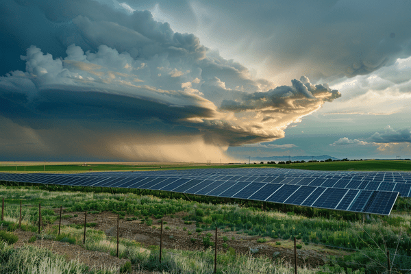 A solar farm with a large storm in the distance