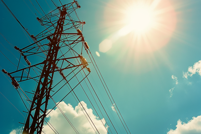 The sun shines down intensely over a transmission line