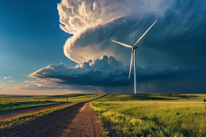 A wind turbine blows in a field while a supercell storm brews behind it