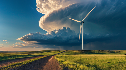 A wind turbine blows in a field while a supercell storm brews behind it