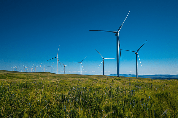 Wind turbines in a grassy field on a sunny day
