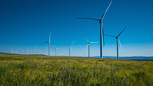 Wind turbines in a grassy field on a sunny day