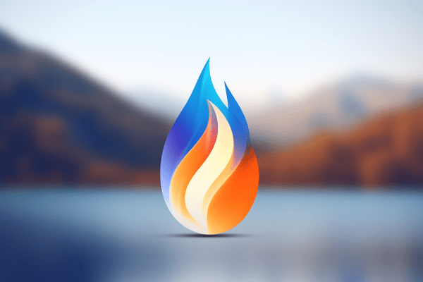 Abstract flames against backdrop of out-of-focus mountains and lake