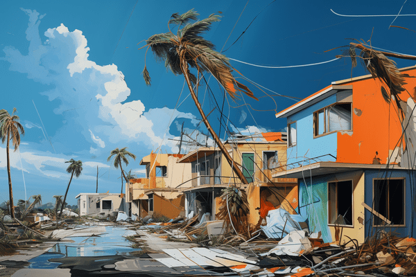 Street with askew trees and damaged buildings showing the aftermath of a hurricane