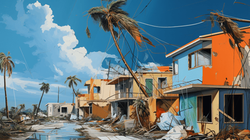 Street with askew trees and damaged buildings showing the aftermath of a hurricane