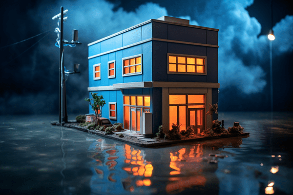 Building sitting in the middle of flood waters