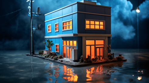 Building sitting in the middle of flood waters