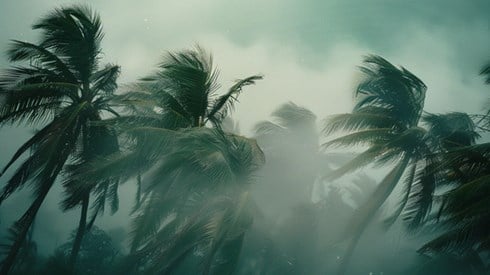 Palm trees being blown sideways during a hurricane.