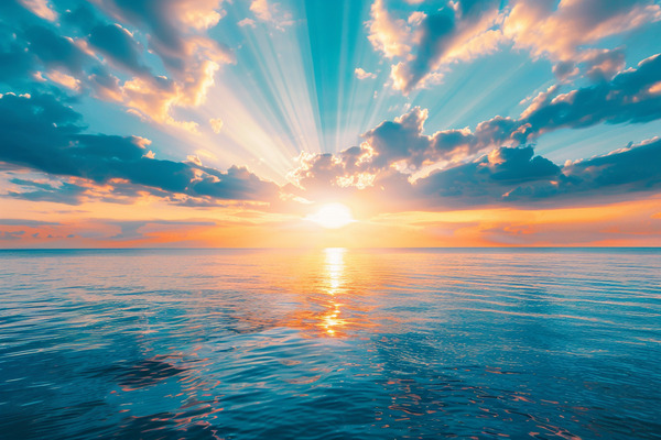 The ocean with a sunrise shining over it