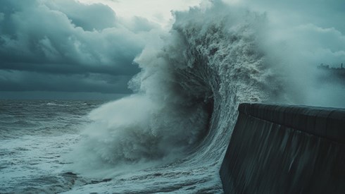 Waves crashing against a seawall on a stormy day.