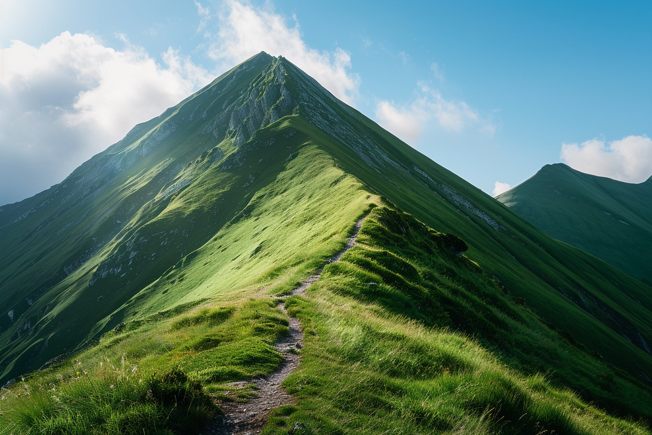 A hiking trail meanders up to the top of a green mountain