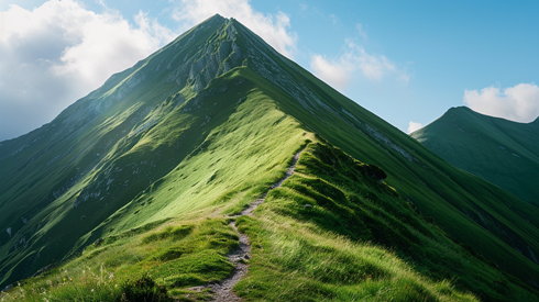 A hiking trail meanders up to the top of a green mountain