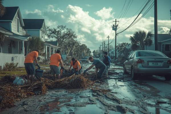 group of people picking up storm debris after a hurricane
