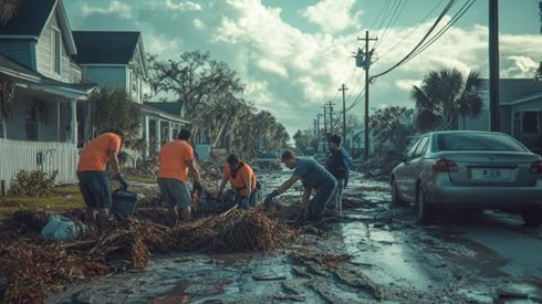 group of people picking up storm debris after a hurricane