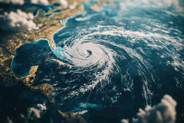 map of Atlantic Ocean with hurricane clouds swirling over it