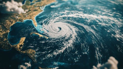map of Atlantic Ocean with hurricane clouds swirling over it