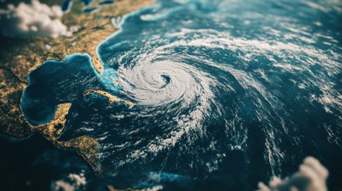 map of Atlantic Ocean with hurricane clouds swirling over it