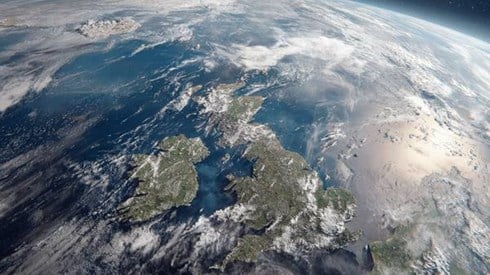 A satellite view of the United Kingdom and Ireland