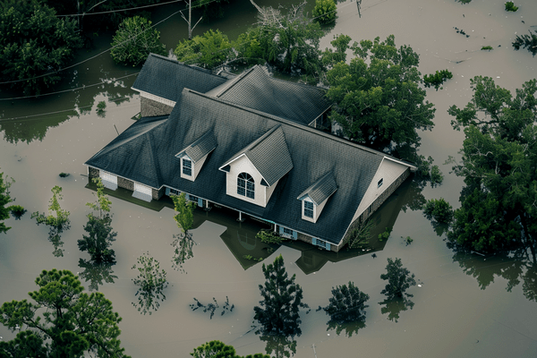 An aerial view of a flooded home surrounded by trees