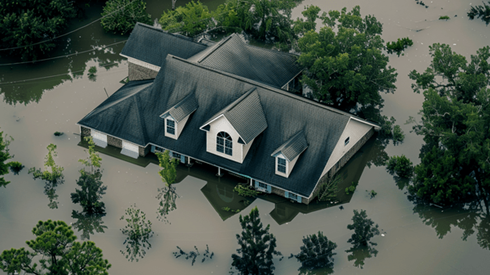 An aerial view of a flooded home surrounded by trees