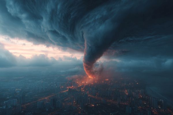 overhead view of an oversized tornado over a modern coastal city causing fires and destruction