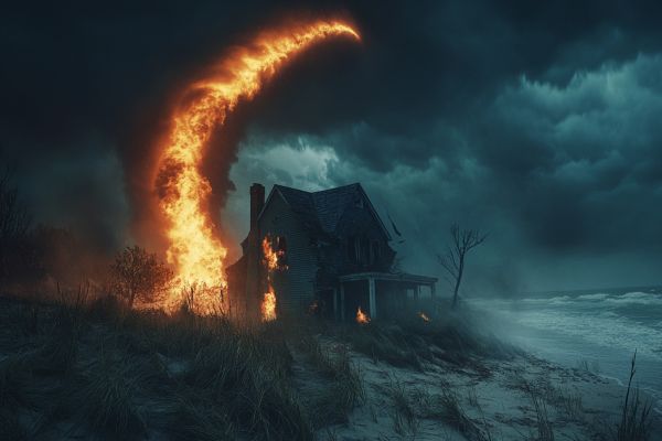 house on a stormy beach on fire being hit by a fire tornado