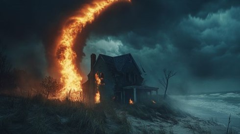 house on a stormy beach on fire being hit by a fire tornado