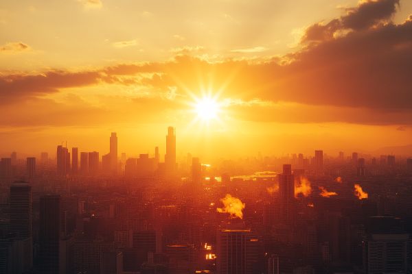 blazing hot sun over a city skyline
