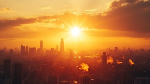blazing hot sun over a city skyline
