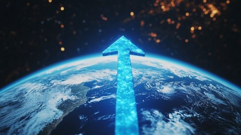 blue arrow going up over the globe