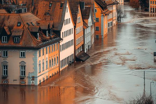 Buildings covered in high flood water