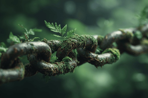 A metal chain that has plants growing all over it