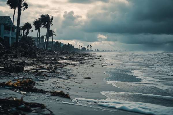 coastline destruction with trees and houses after a hurricane