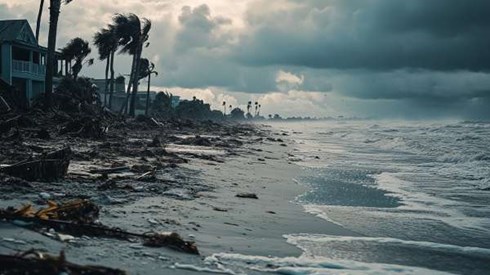 coastline destruction with trees and houses after a hurricane