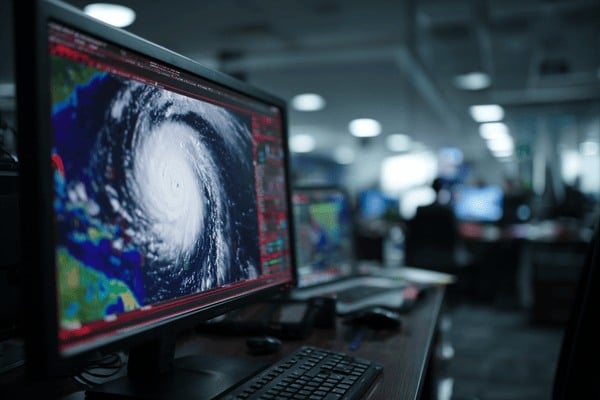 A cmputer monitor in an office showing data for a hurricane