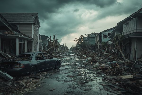 destroyed residential neighborhood after a hurricane