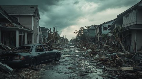 destroyed residential neighborhood after a hurricane