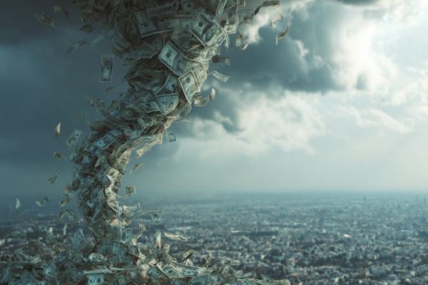 tornado made of dollar bills over a cloudy modern city