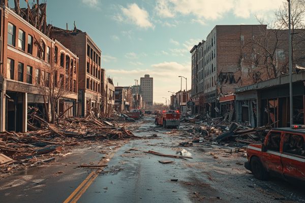 downtown area destroyed by a tornado, first responders cleaning up