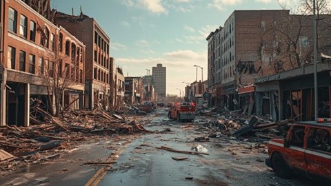 downtown area destroyed by a tornado, first responders cleaning up