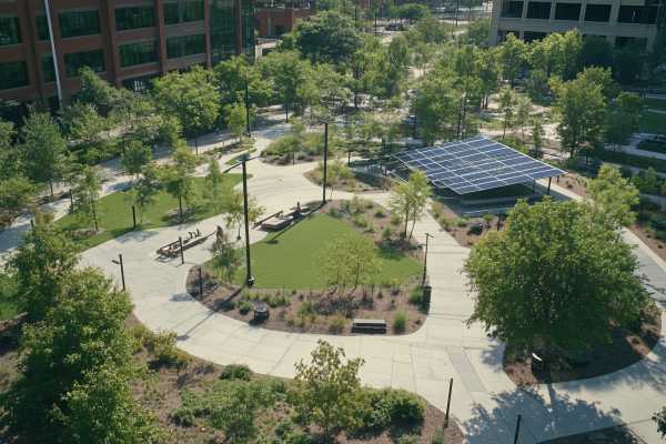 park in a downtown area with an area in the shape of a heart next to solar panels