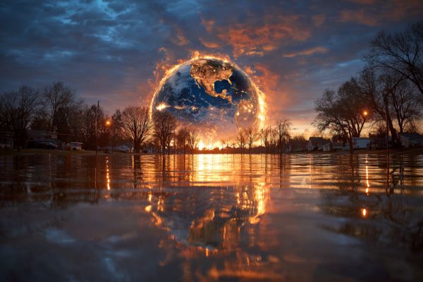 earth on fire rising over the horizon of a flooded town