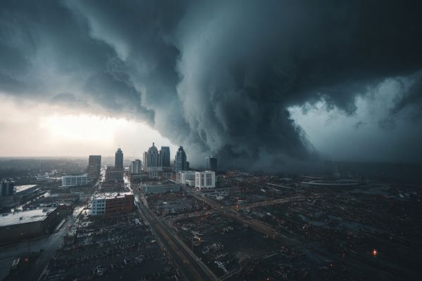 extreme severe connective tornado cloud over a partially destroyed city