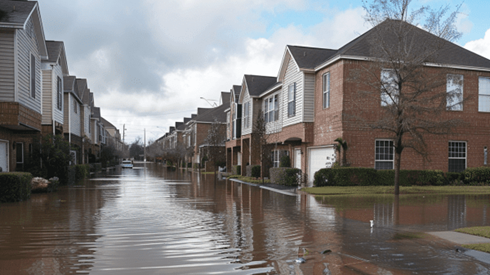 Houses on a flooded neighnborhood street