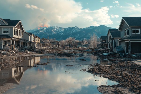flooded houses in a residential area with wildfire flames and smoke in mountains in background