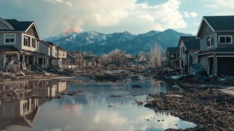 flooded houses in a residential area with wildfire flames and smoke in mountains in background