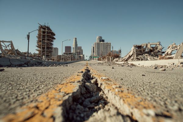 crack in the asphalt of a highway after an earthquake, destroyed buildings in background
